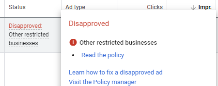 Barred from Google Ads - and why that's bad for consumers... Google ad disapproved as "Other Restricted Businesses"