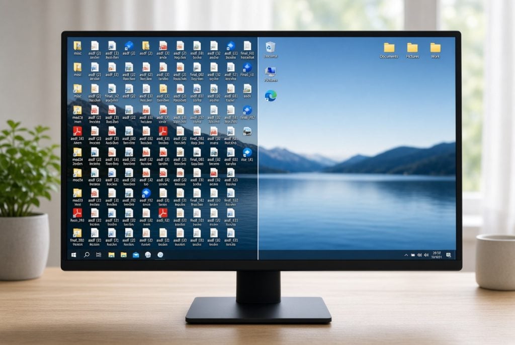 Cluttered computer desktop covered in overlapping icons and files next to a clean, organized desktop with only a few essential shortcuts, symbolizing the digital hoarding problem and a simple cleanup solution.
