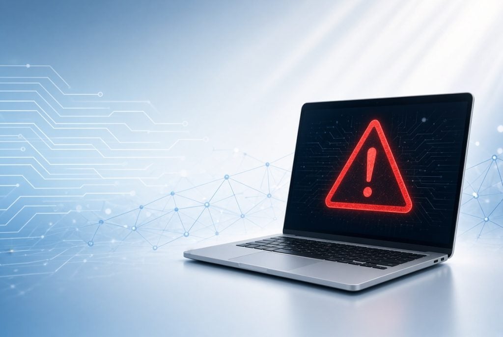 Modern laptop displaying a red warning triangle against a blue circuit-pattern background, representing a tech support scam alert for Twin Cities residents