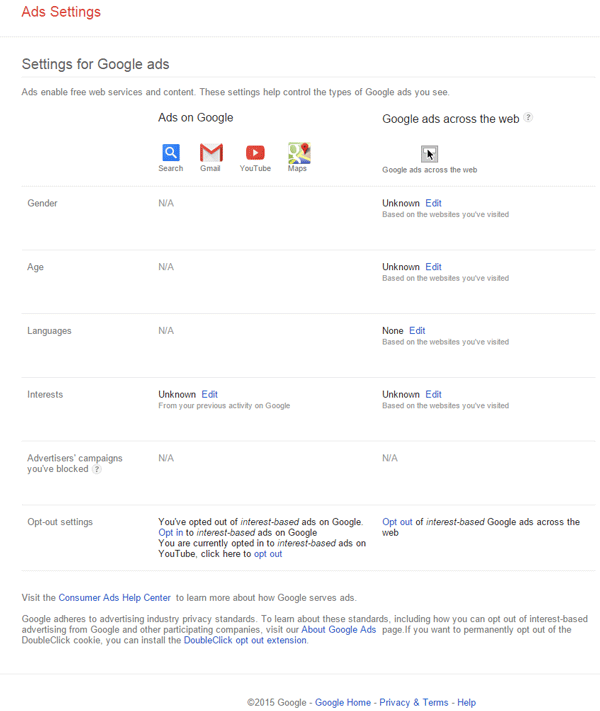 Settings for Google ads