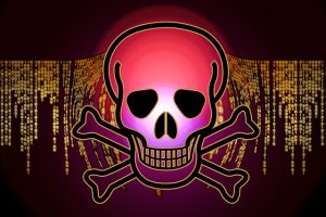 Skull and Crossbones over computer code